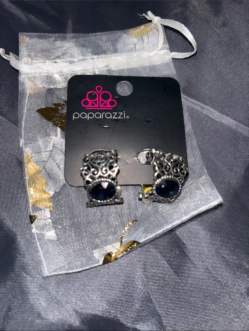 Paparazzi Silver Filigree Earrings with Dark Blue Stones